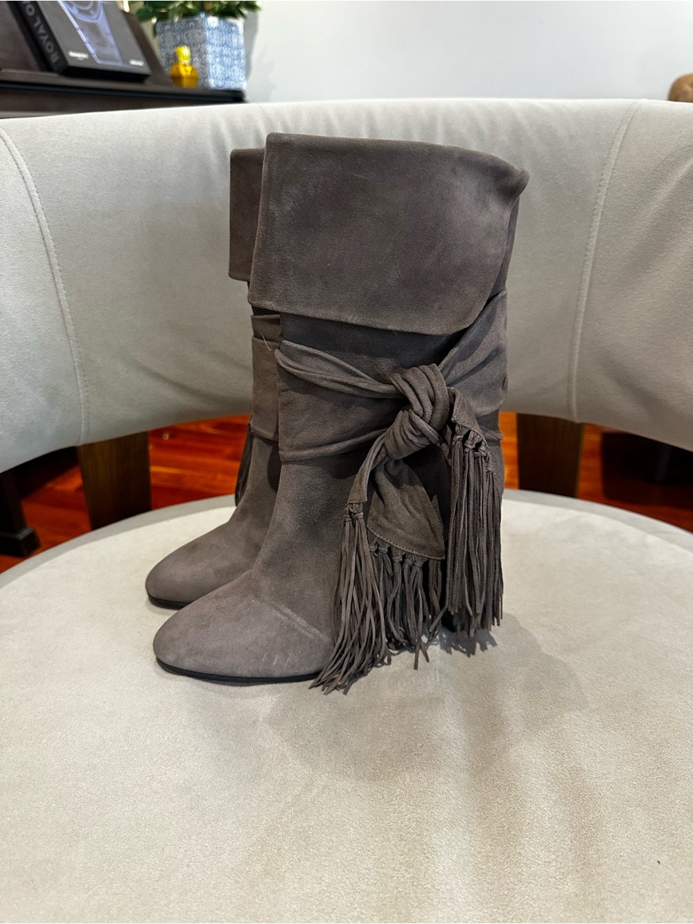Aquazzura Taupe Suede Bow Fringe Slouch Boots